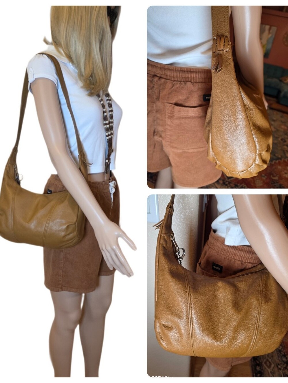 90s Vintage Slouchy Camel Brown Genuine Leather Crescent Hobo Bag Shoulder Bag